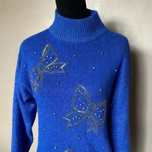 DANA SCOTT royal blue vintage mock neck sweater 80s beaded BOWS silk angora sz M